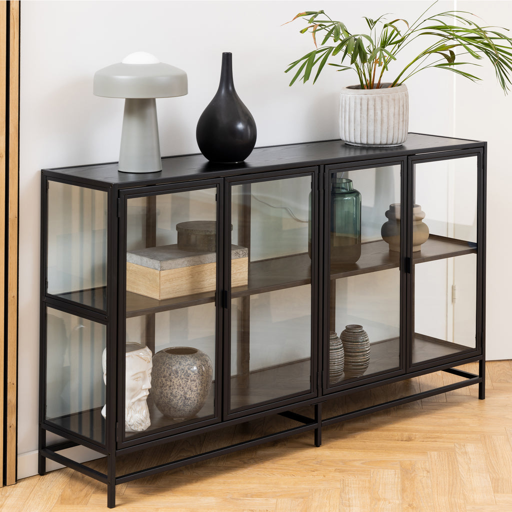 Seaford Display Cabinet with 4 Doors and 2 Shelves in Black and Oak