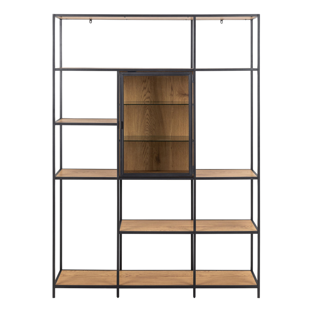 Seaford Bookcase with 7 Shelves and Glass Front Display in Black and Oak